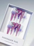 Long Purple Pink Stiletto Glitter Flower Butterfly