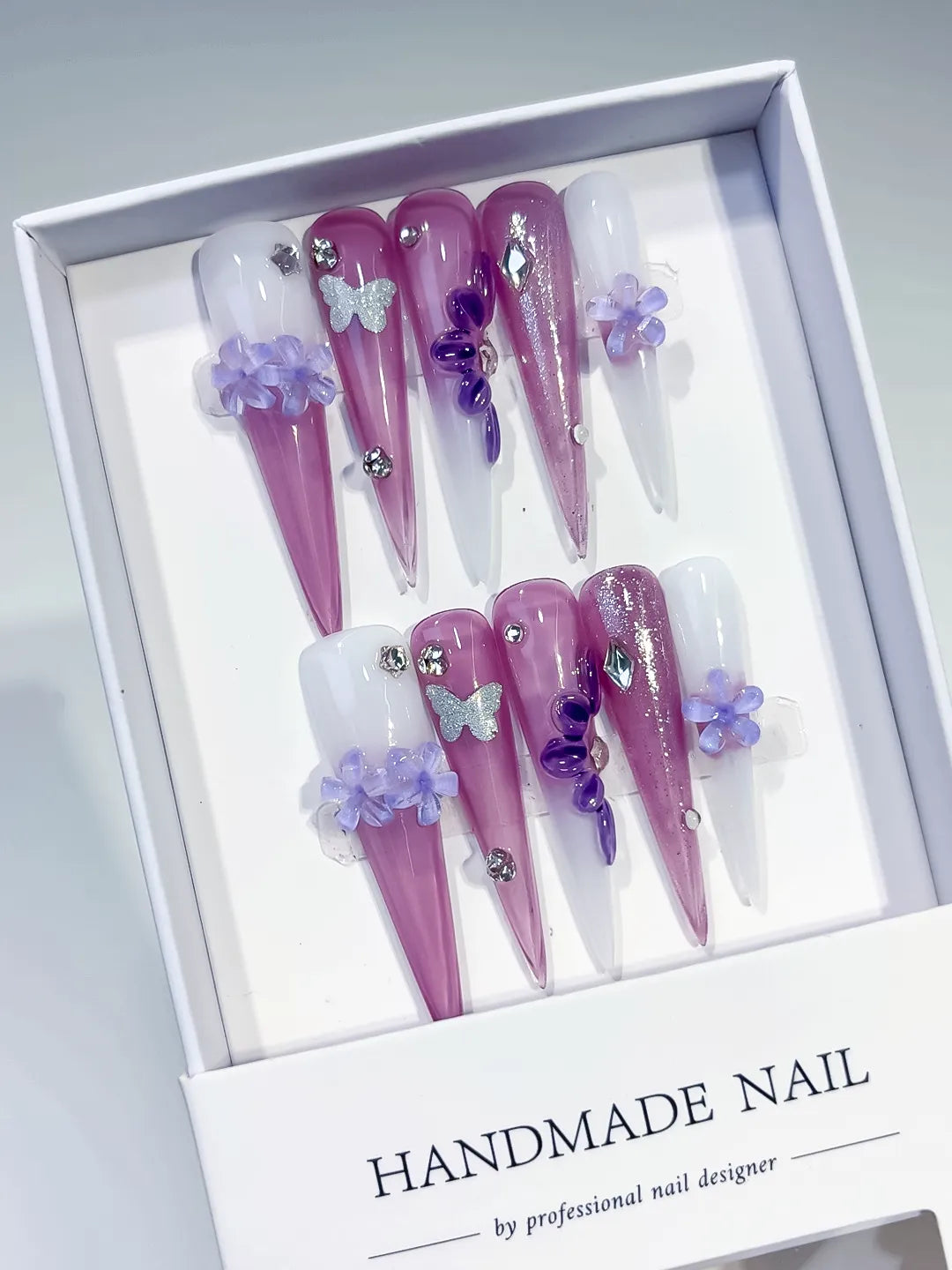 Long Purple Pink Stiletto Glitter Flower Butterfly