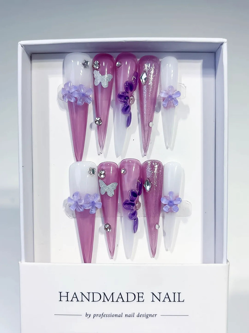 Long Purple Pink Stiletto Glitter Flower Butterfly