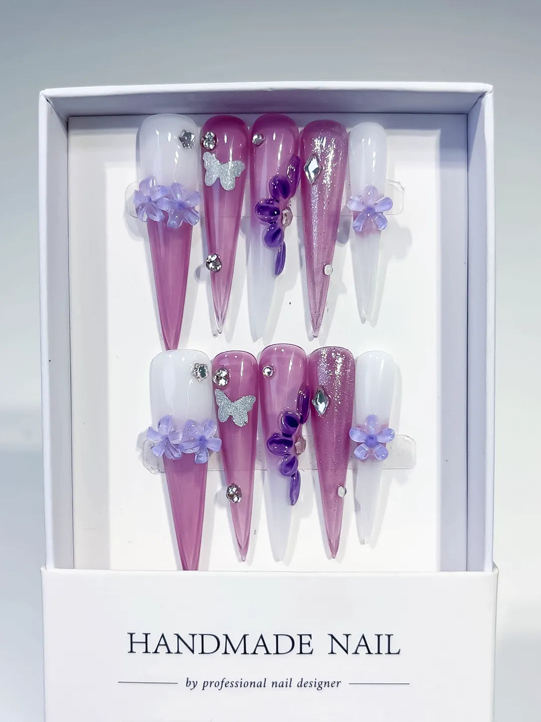 Long Purple Pink Stiletto Glitter Flower Butterfly