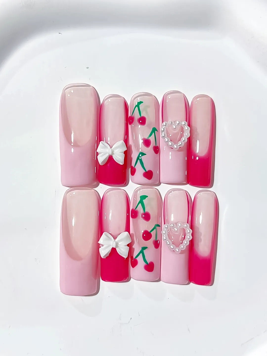 Long Pink White Square Floral Cherry Bow