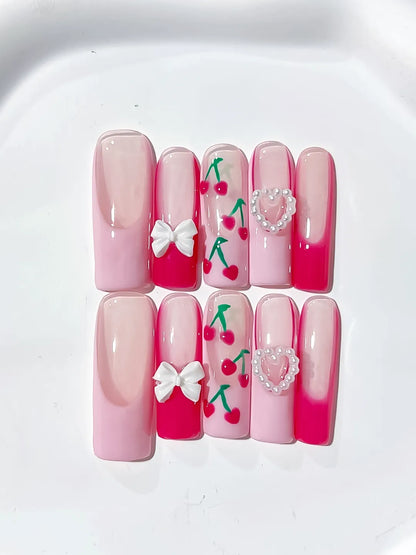 Long Pink White Square Floral Cherry Bow