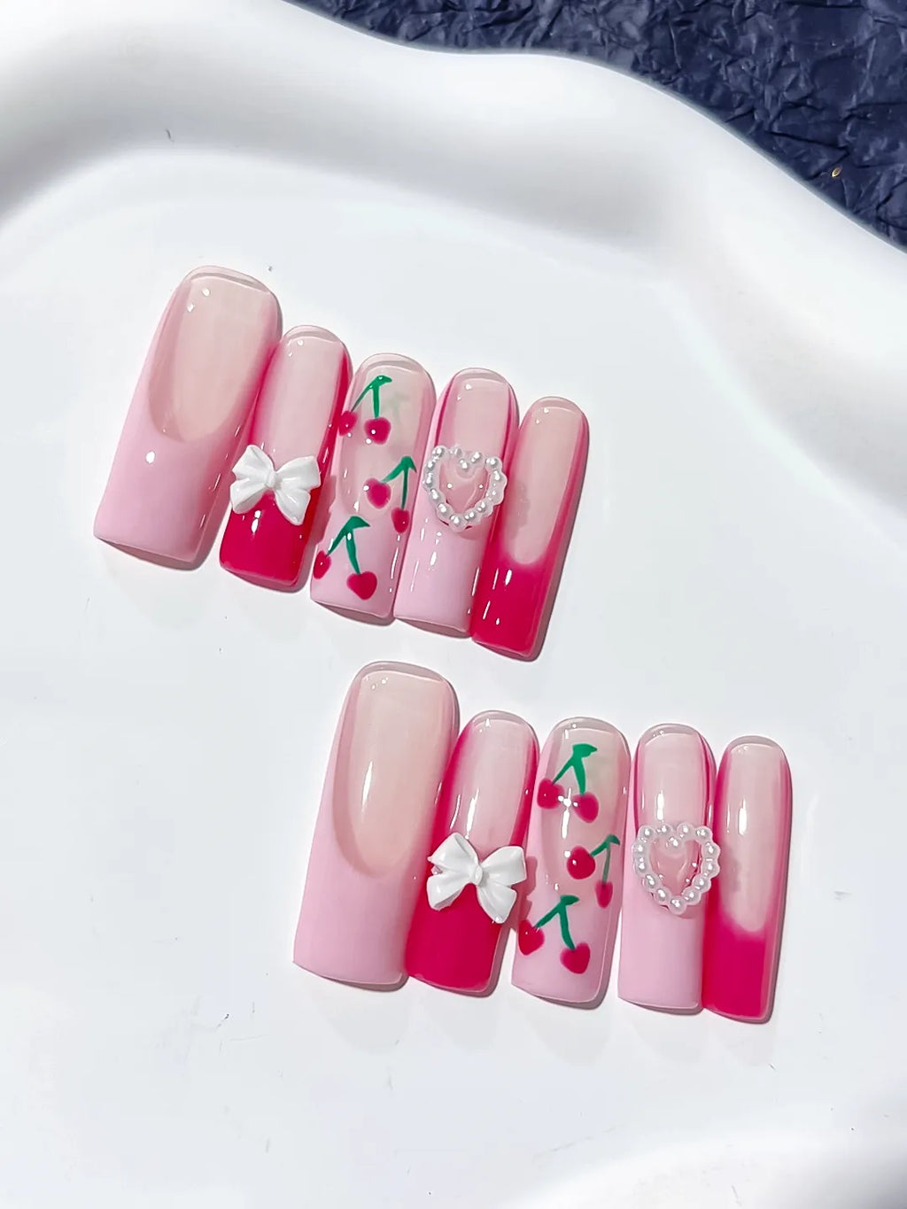 Long Pink White Square Floral Cherry Bow