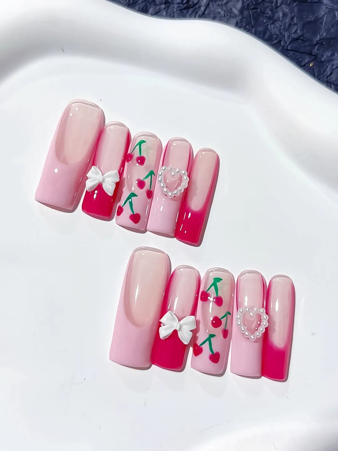 Long Pink White Square Floral Cherry Bow