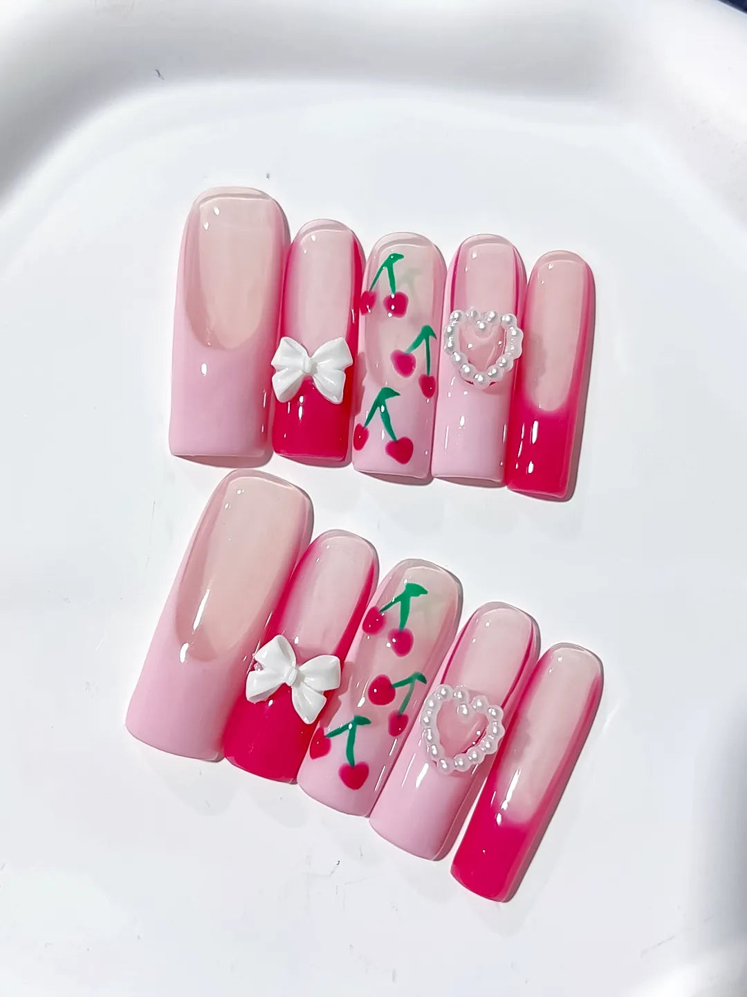 Long Pink White Square Floral Cherry Bow