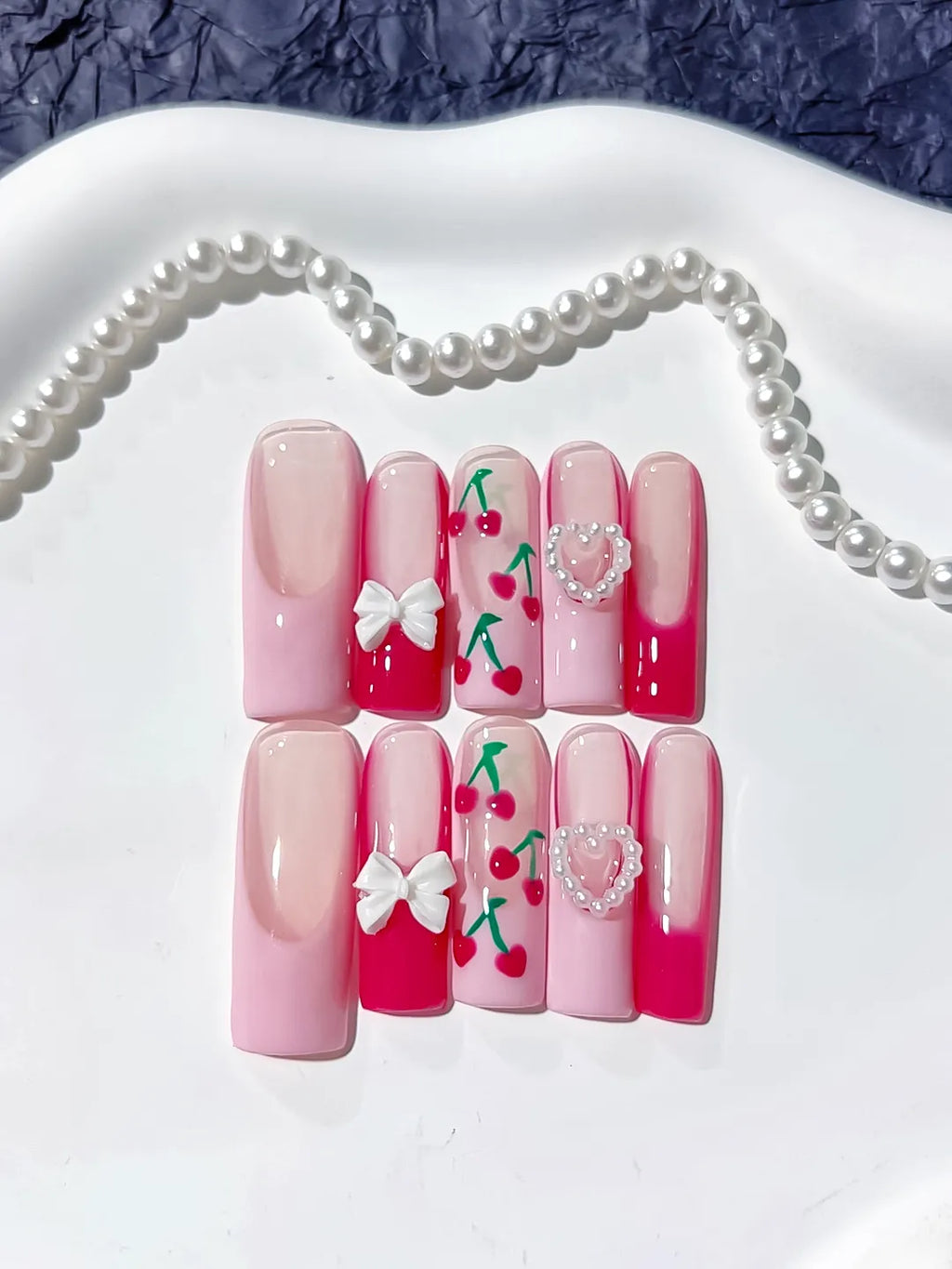 Long Pink White Square Floral Cherry Bow