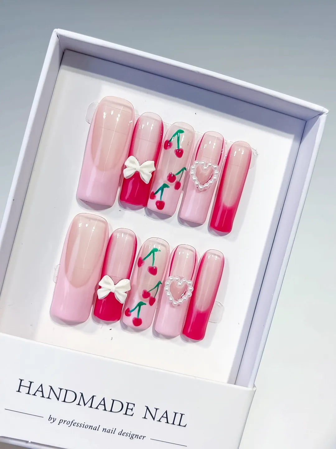 Long Pink White Square Floral Cherry Bow