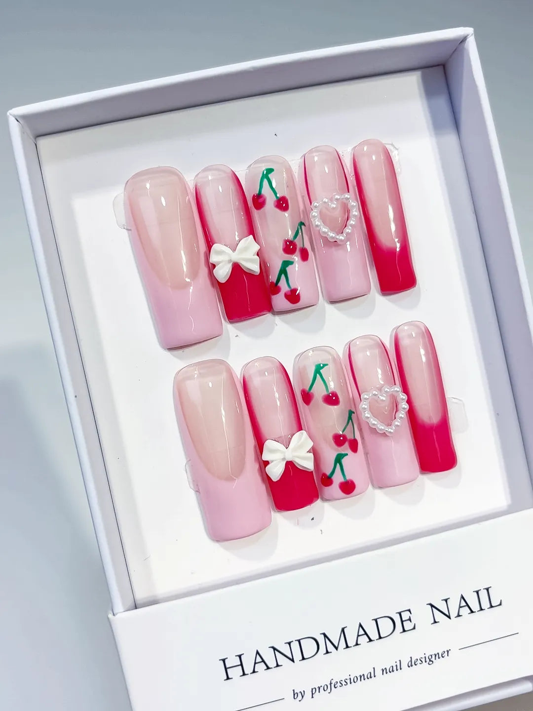 Long Pink White Square Floral Cherry Bow