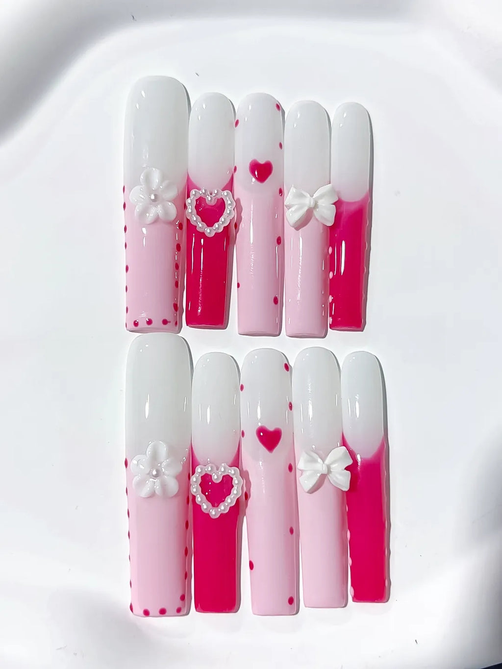 Long Pink White Square Ombre Heart Bow