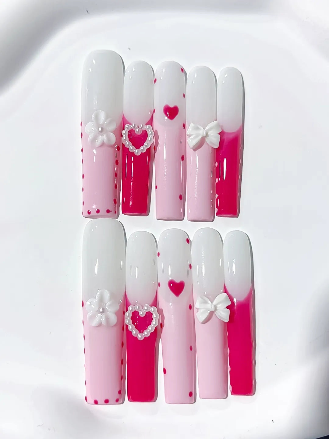 Long Pink White Square Ombre Heart Bow