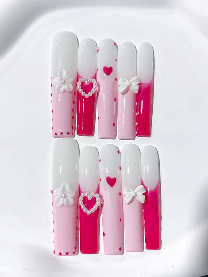 Long Pink White Square Ombre Heart Bow