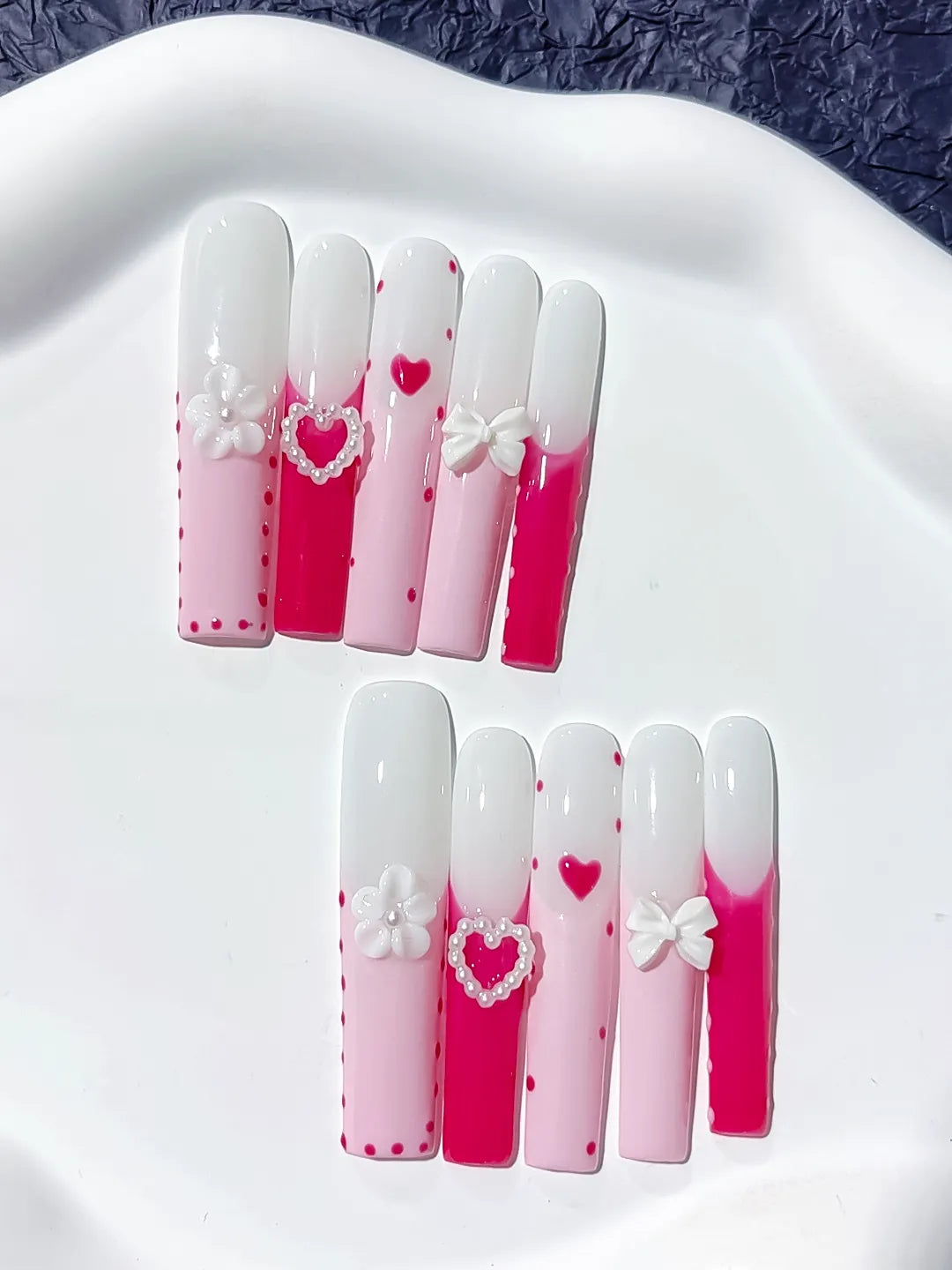Long Pink White Square Ombre Heart Bow