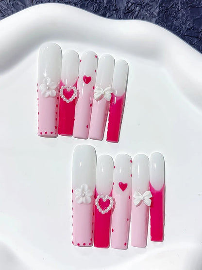 Long Pink White Square Ombre Heart Bow