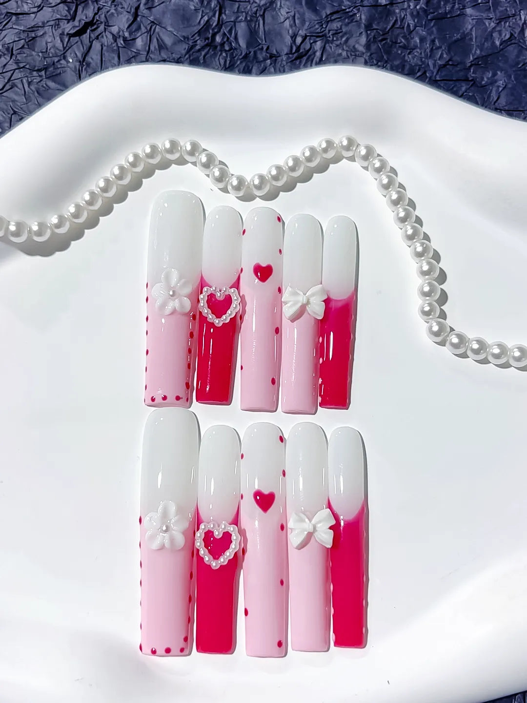 Long Pink White Square Ombre Heart Bow