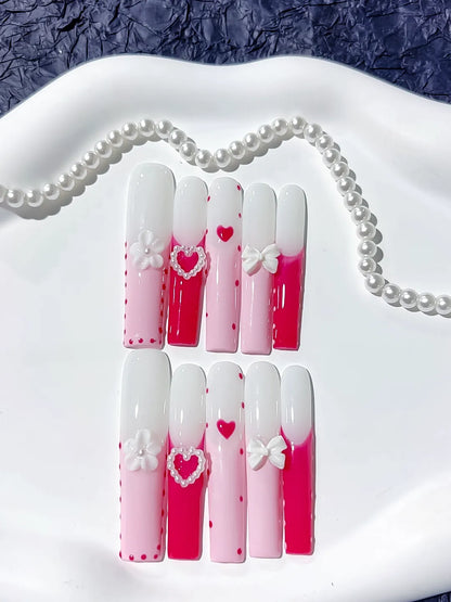 Long Pink White Square Ombre Heart Bow