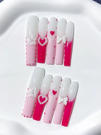 Long Pink White Square Ombre Heart Bow