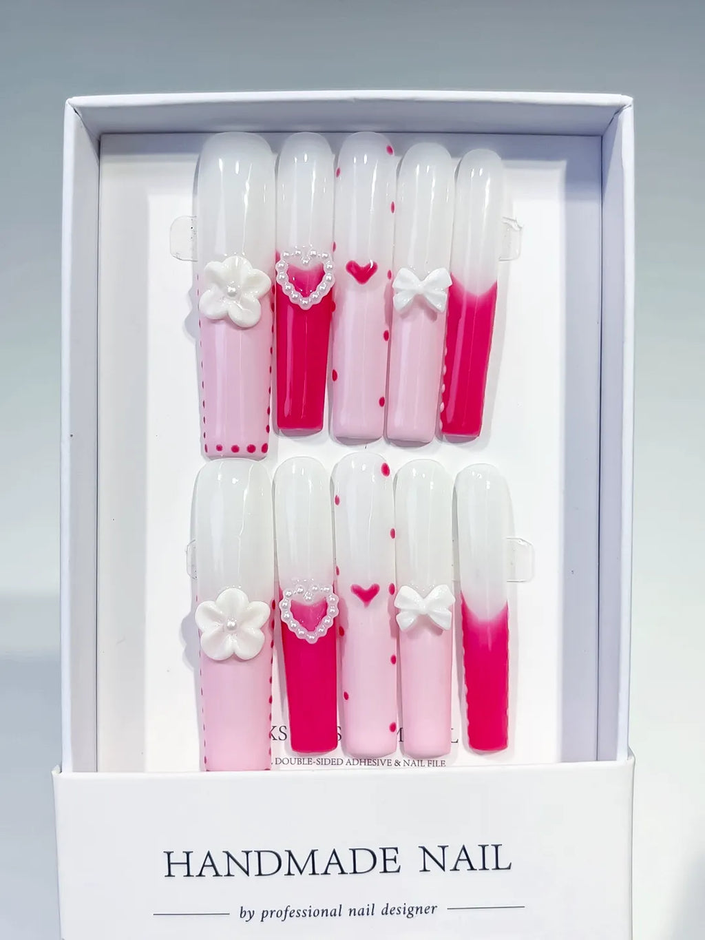 Long Pink White Square Ombre Heart Bow