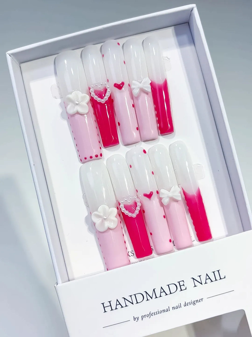 Long Pink White Square Ombre Heart Bow