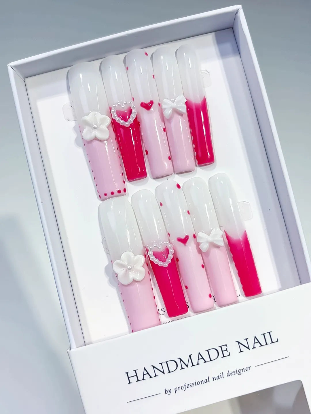 Long Pink White Square Ombre Heart Bow