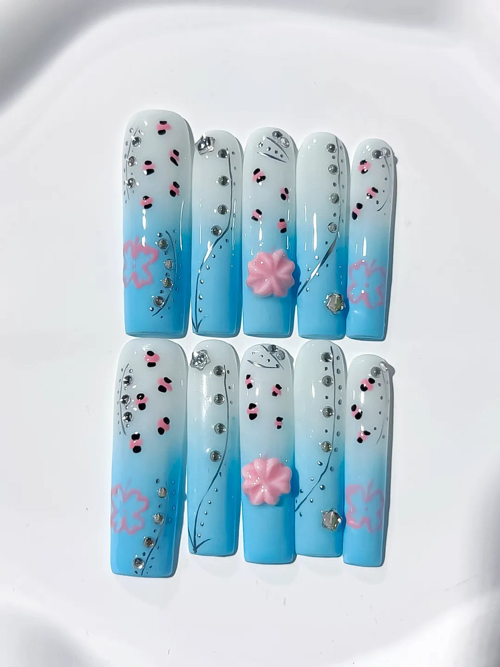 Long Blue White Square Ombre Flower Rhinestone