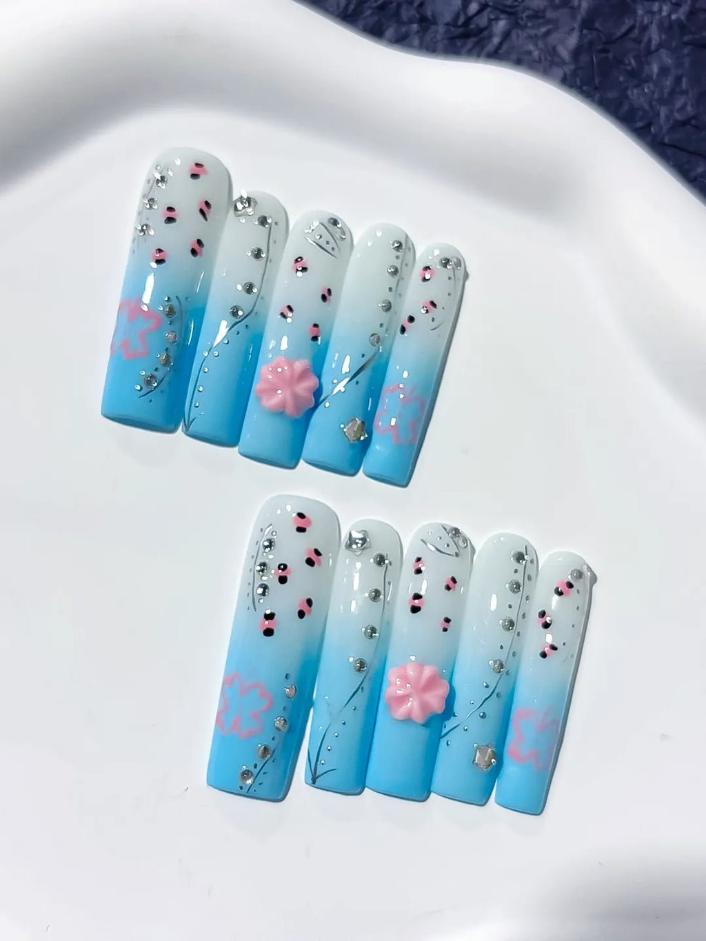 Long Blue White Square Ombre Flower Rhinestone