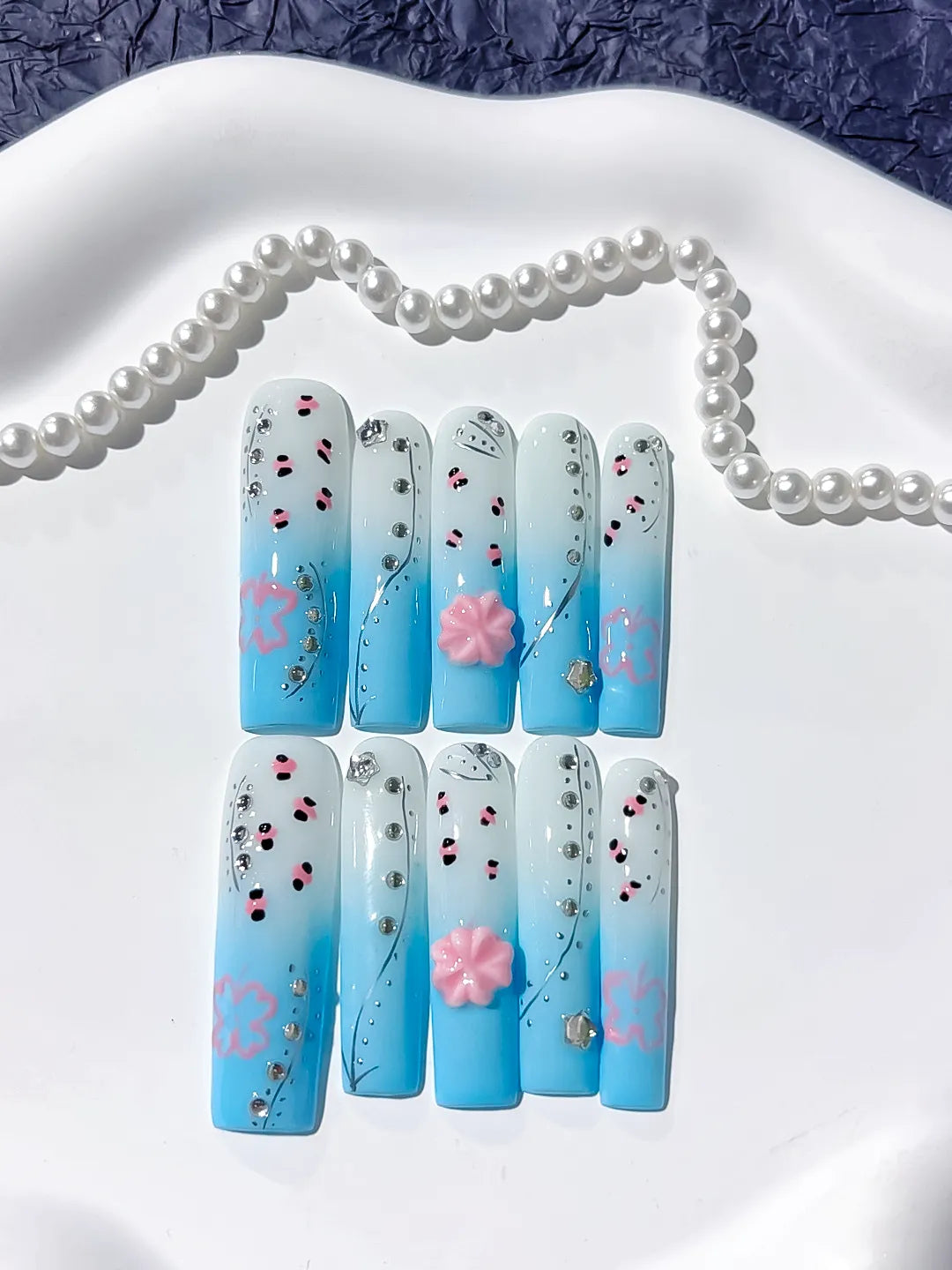 Long Blue White Square Ombre Flower Rhinestone