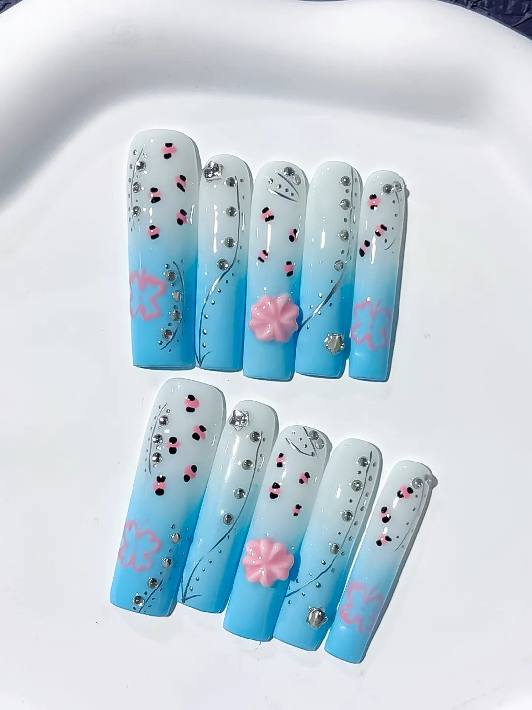 Long Blue White Square Ombre Flower Rhinestone