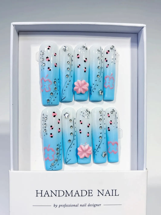 Long Blue White Square Ombre Flower Rhinestone