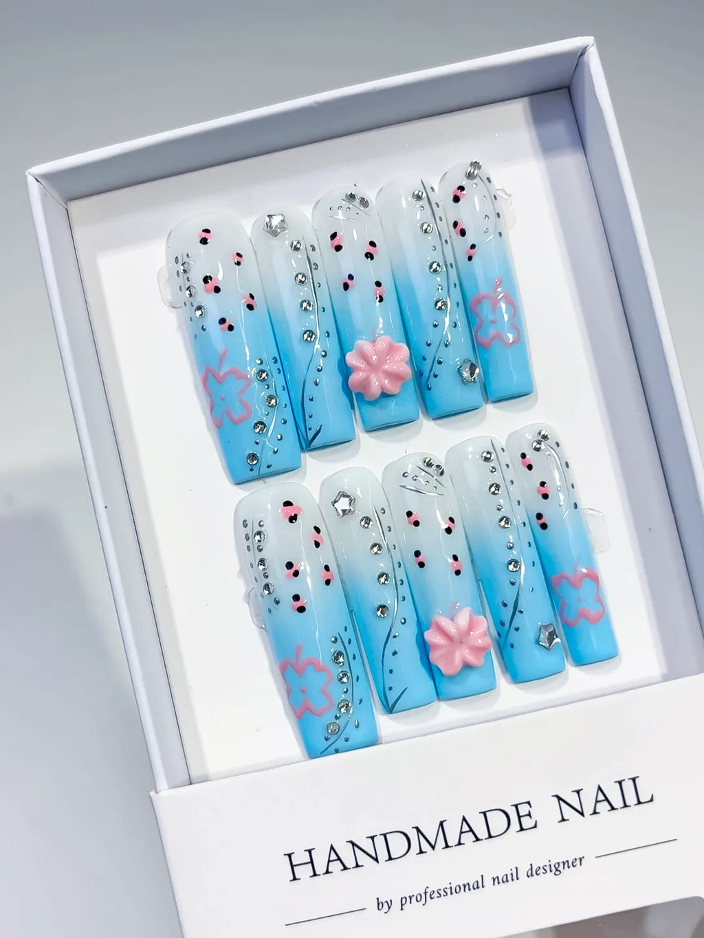 Long Blue White Square Ombre Flower Rhinestone