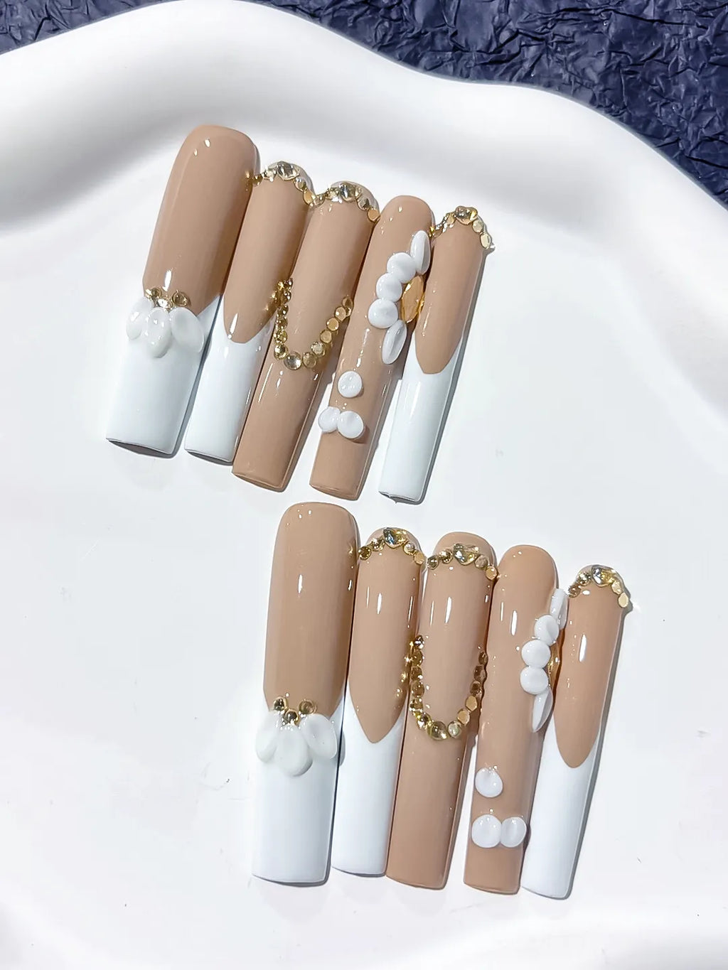 Long Nude White Square French tip Flower Pearl