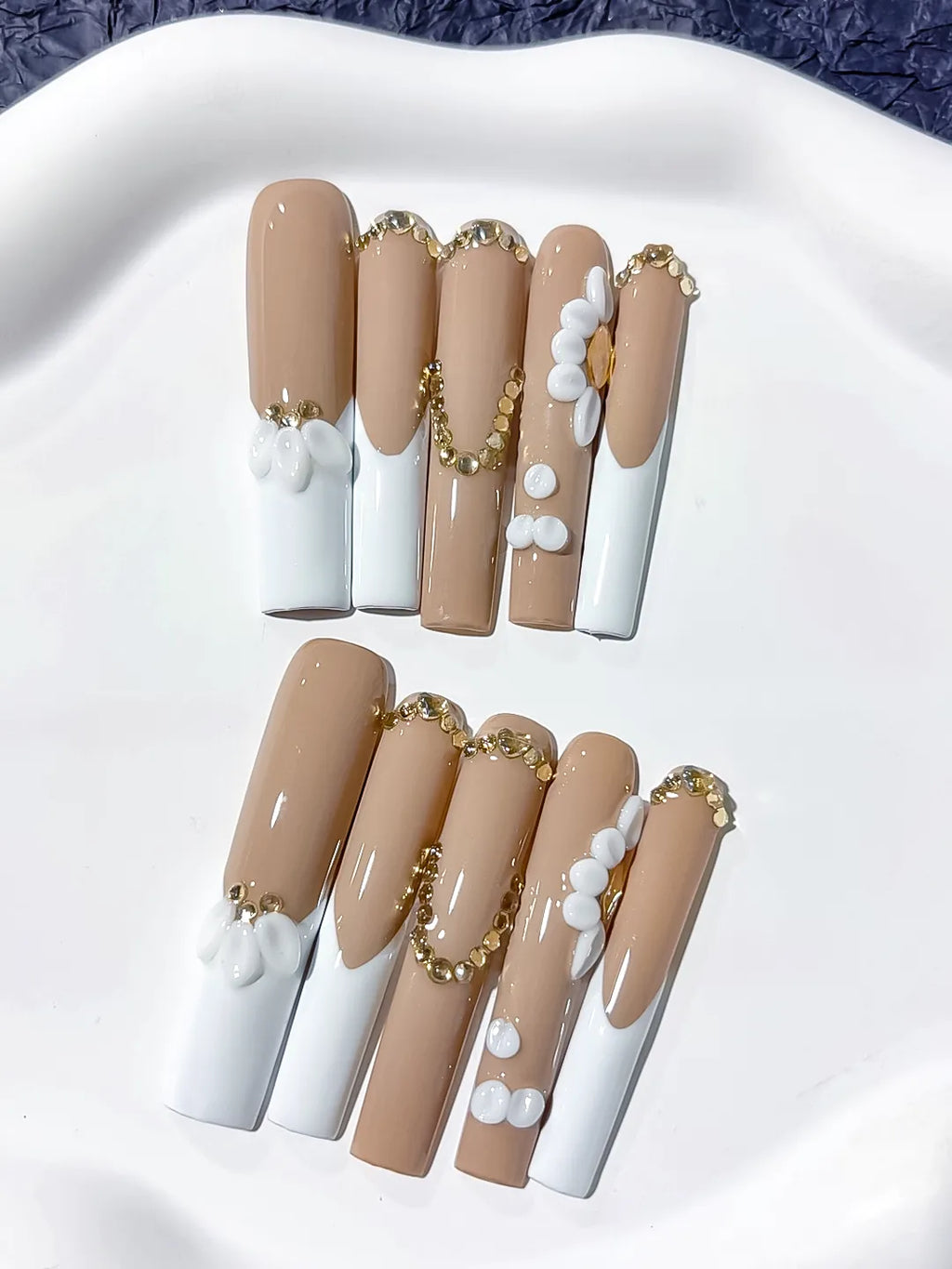 Long Nude White Square French tip Flower Pearl