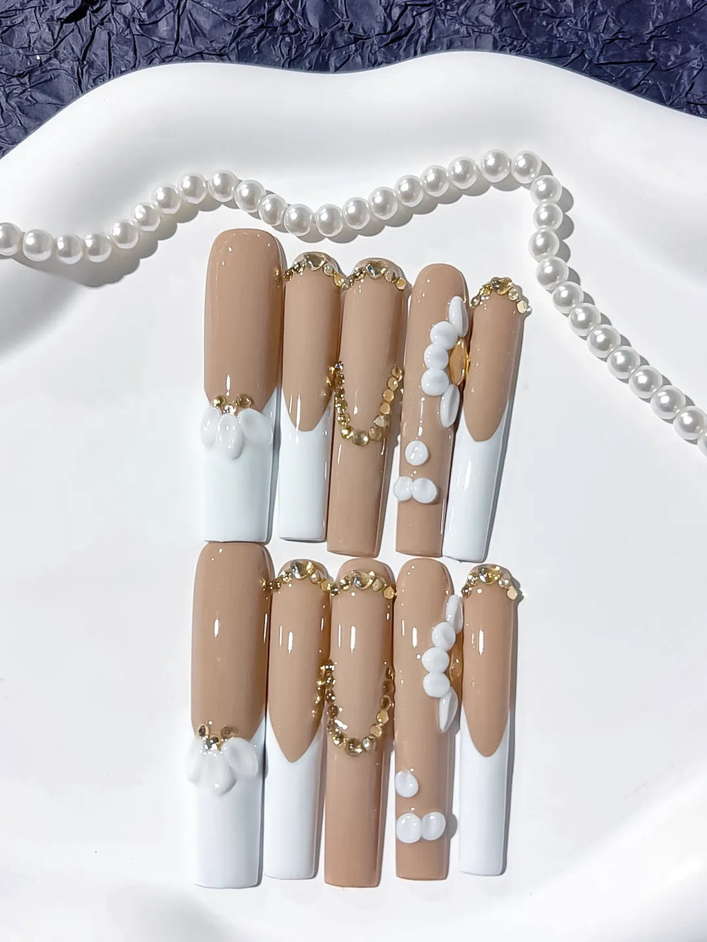 Long Nude White Square French tip Flower Pearl