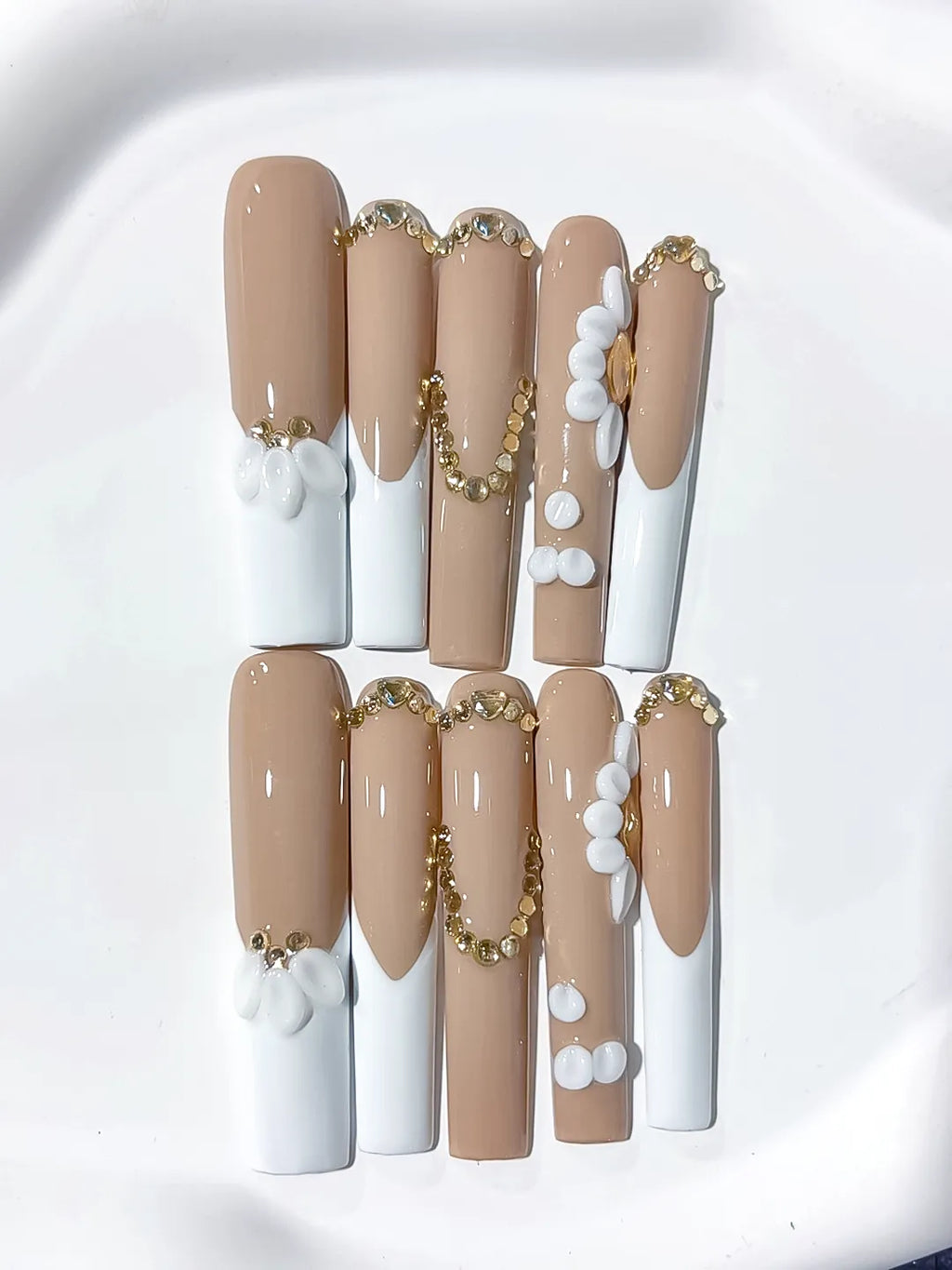 Long Nude White Square French tip Flower Pearl