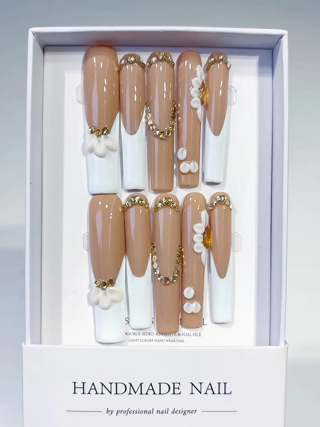 Long Nude White Square French tip Flower Pearl
