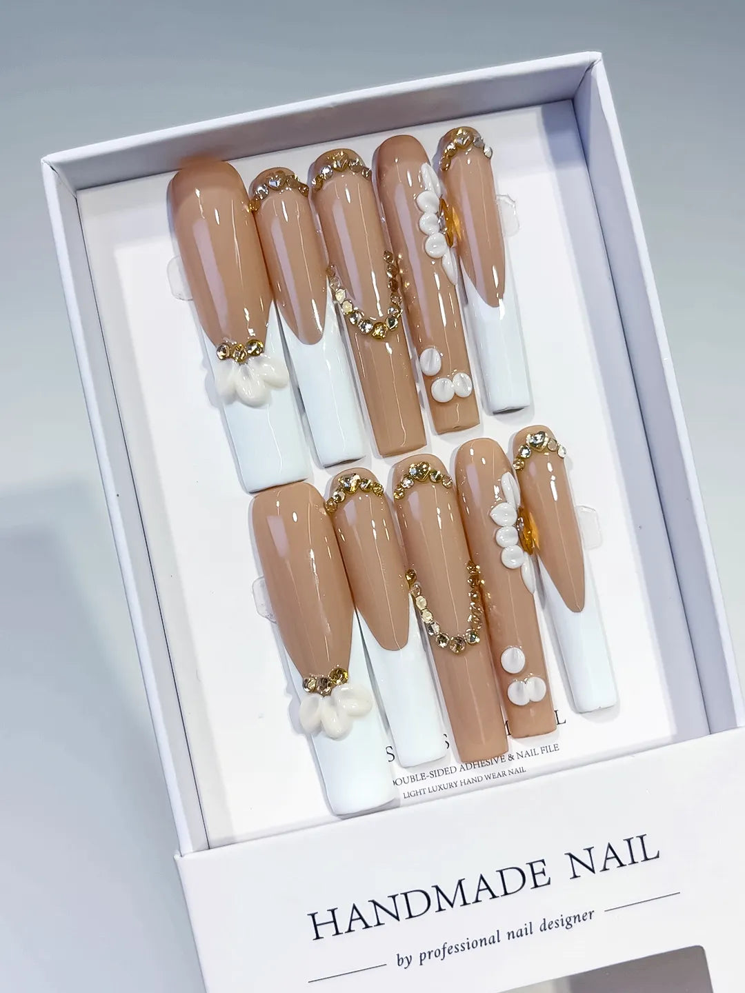 Long Nude White Square French tip Flower Pearl