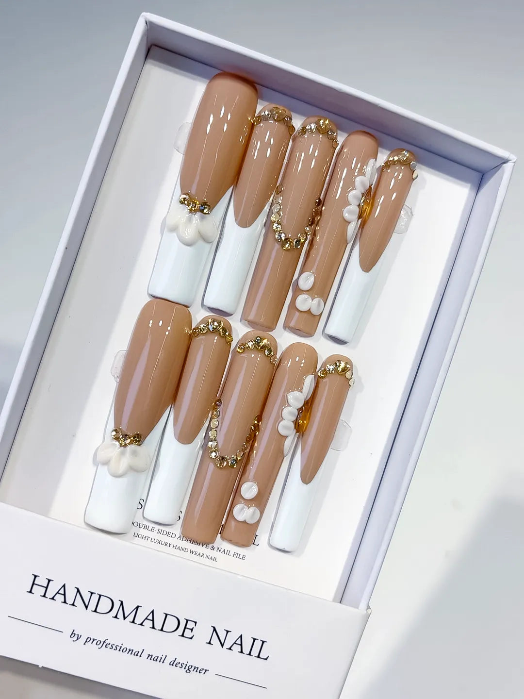 Long Nude White Square French tip Flower Pearl