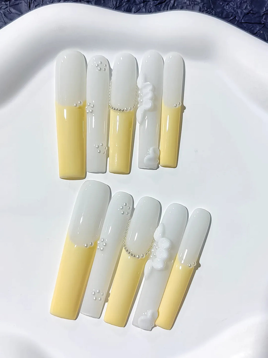 Long White Yellow Square French tip Flower Pearl