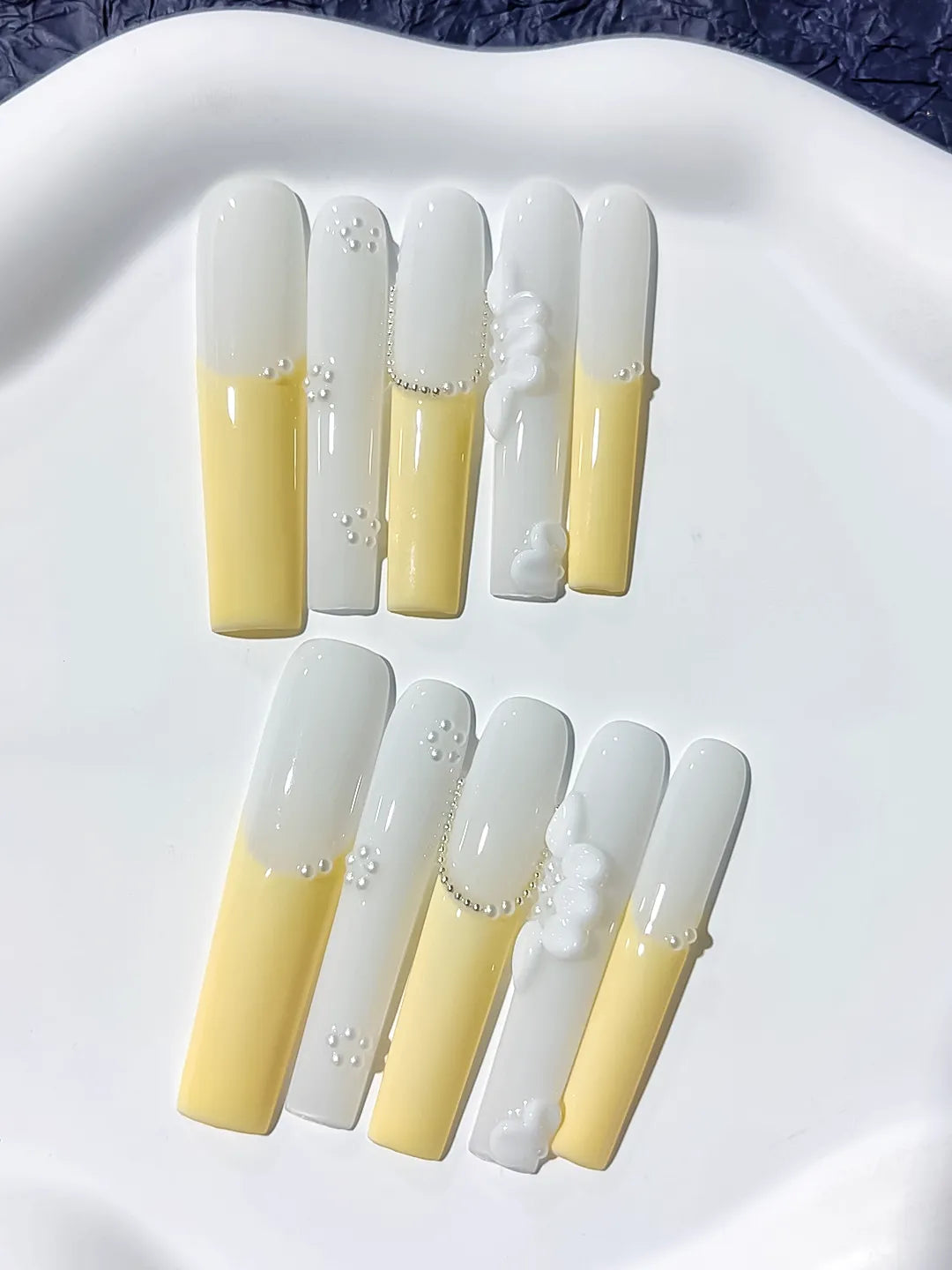 Long White Yellow Square French tip Flower Pearl