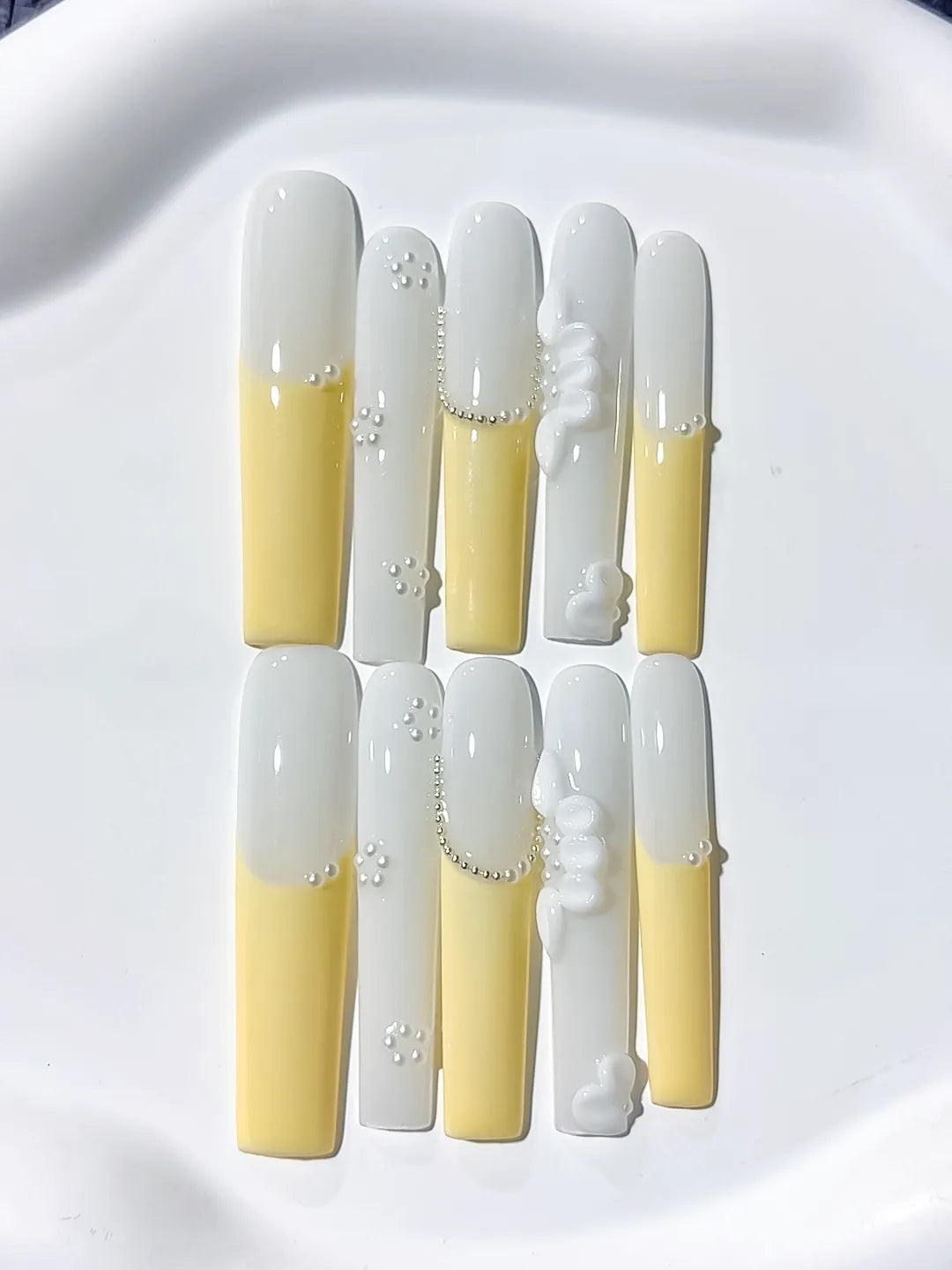 Long White Yellow Square French tip Flower Pearl