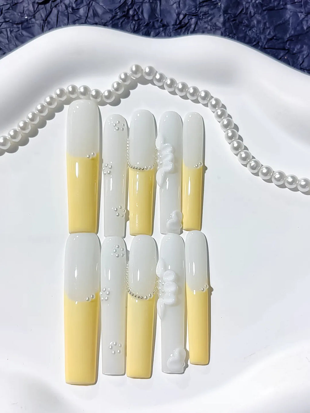 Long White Yellow Square French tip Flower Pearl