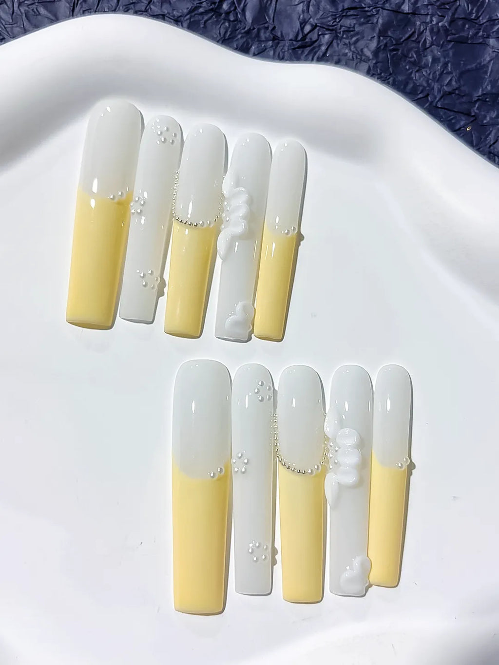 Long White Yellow Square French tip Flower Pearl