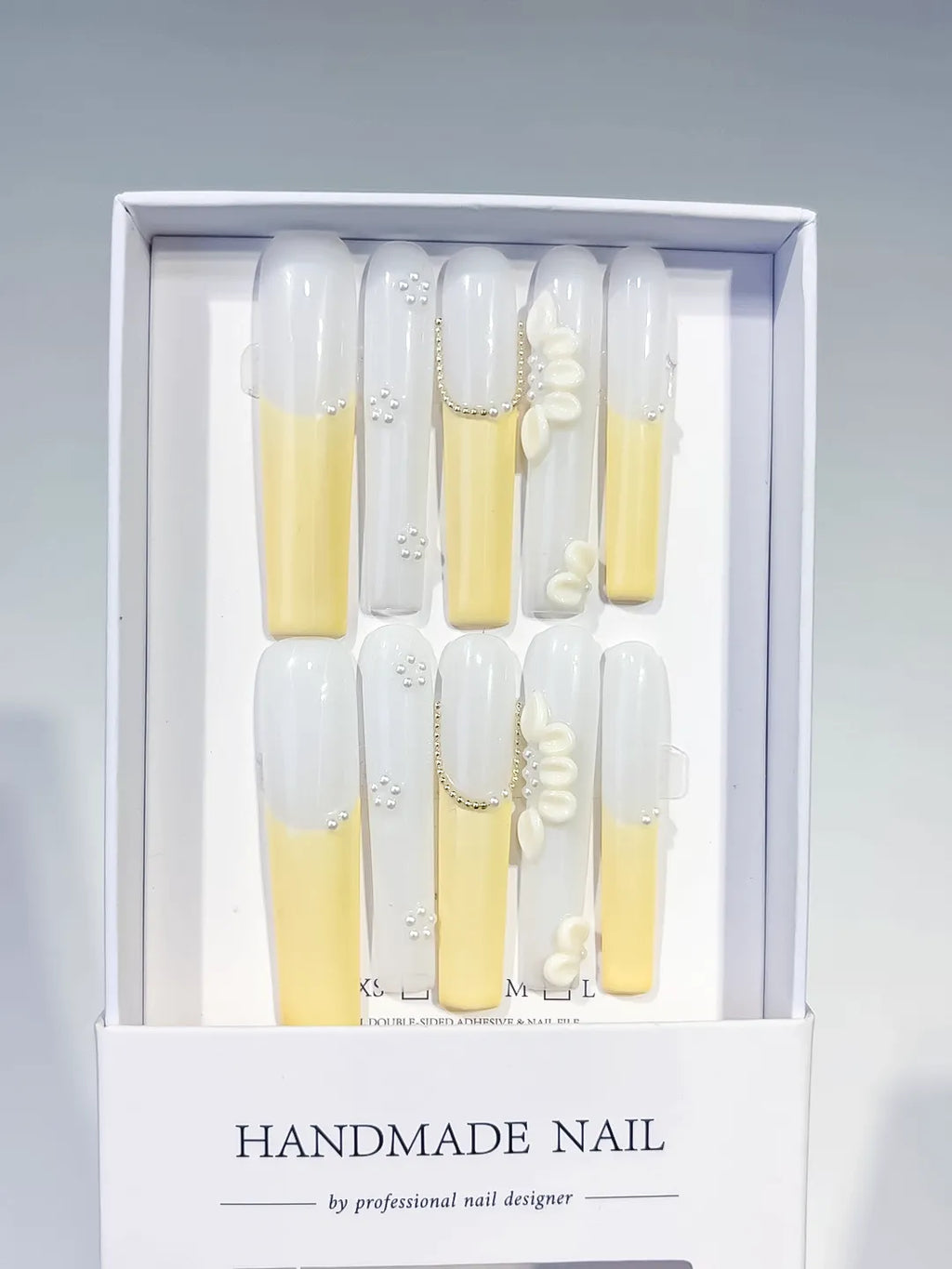 Long White Yellow Square French tip Flower Pearl