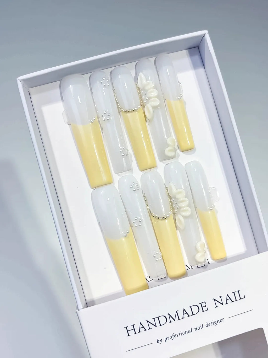 Long White Yellow Square French tip Flower Pearl