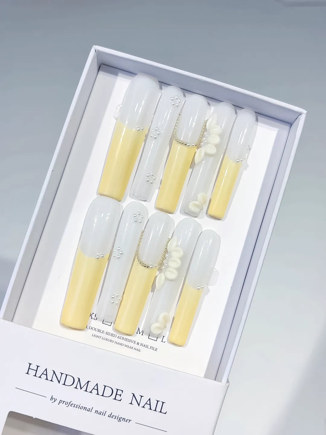 Long White Yellow Square French tip Flower Pearl