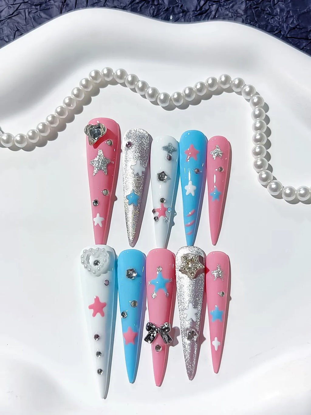 Long Pink Blue Stiletto Abstract Star Bow