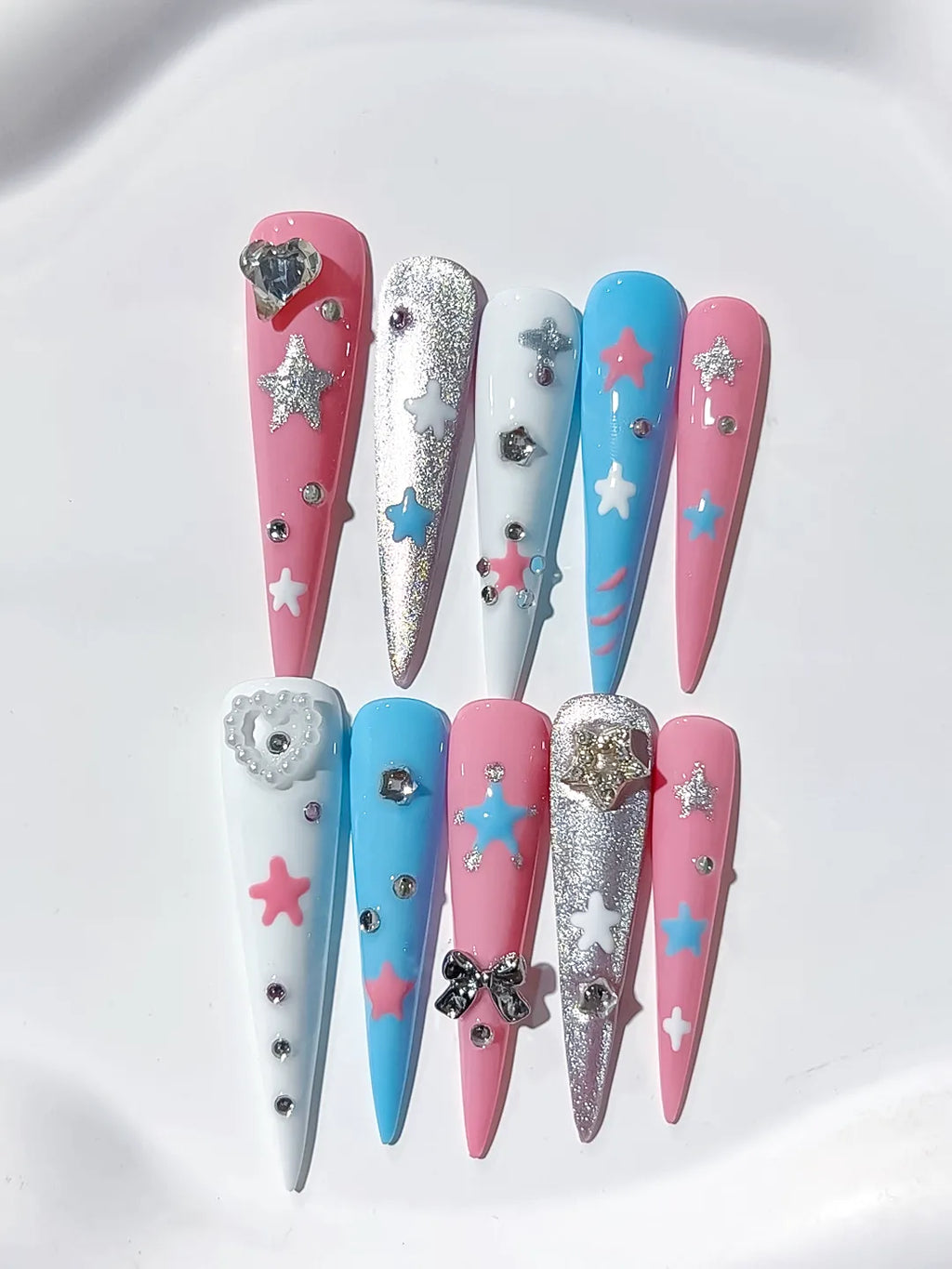 Long Pink Blue Stiletto Abstract Star Bow