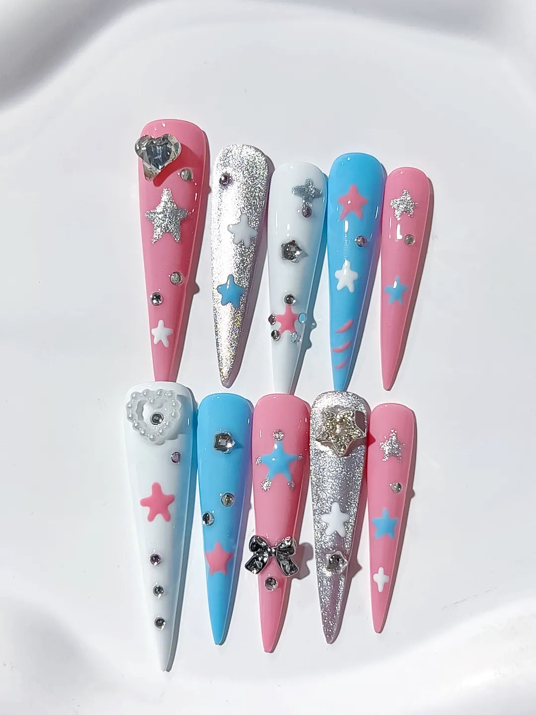 Long Pink Blue Stiletto Abstract Star Bow