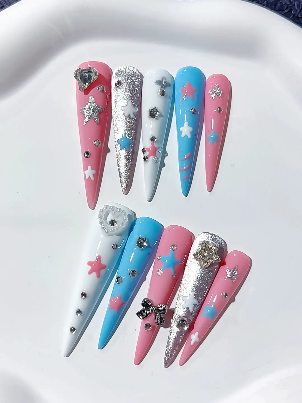 Long Pink Blue Stiletto Abstract Star Bow