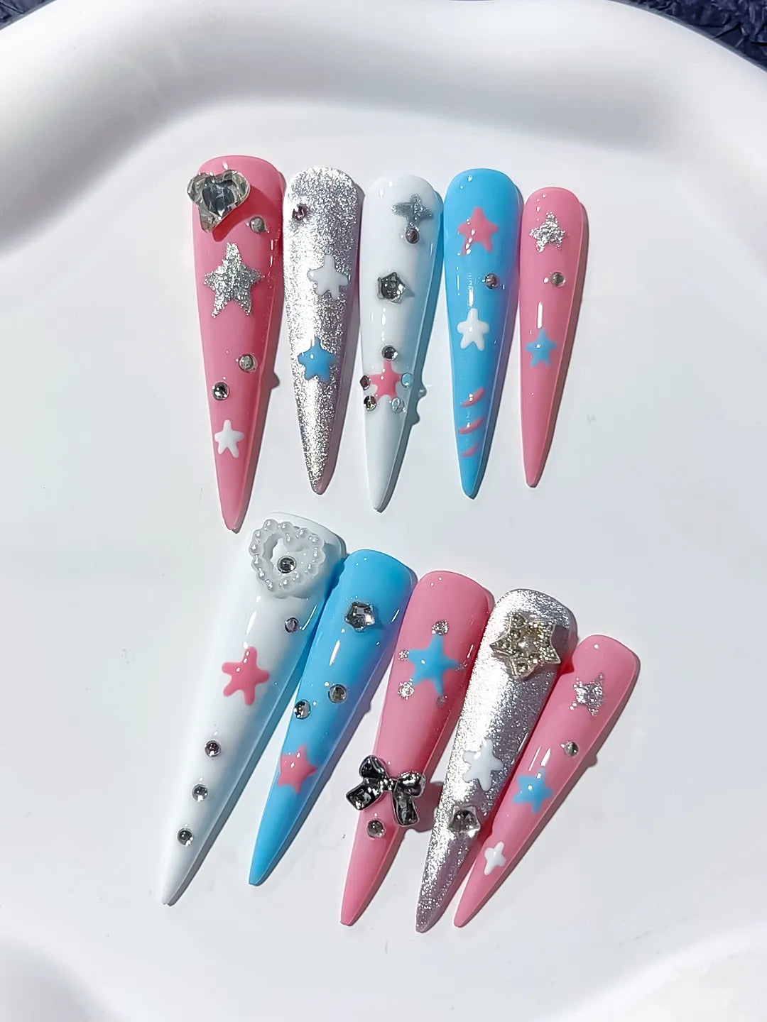 Long Pink Blue Stiletto Abstract Star Bow