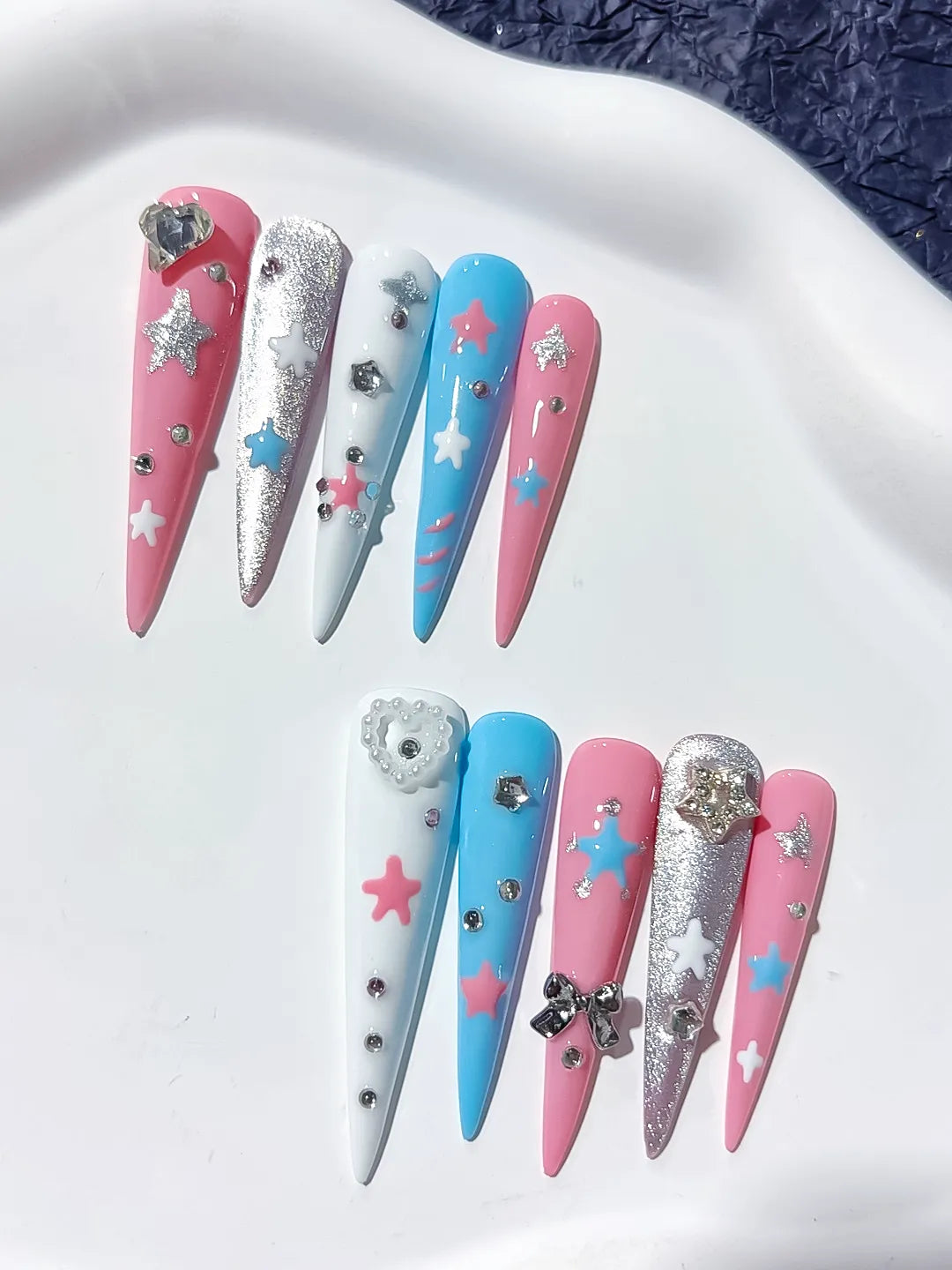 Long Pink Blue Stiletto Abstract Star Bow